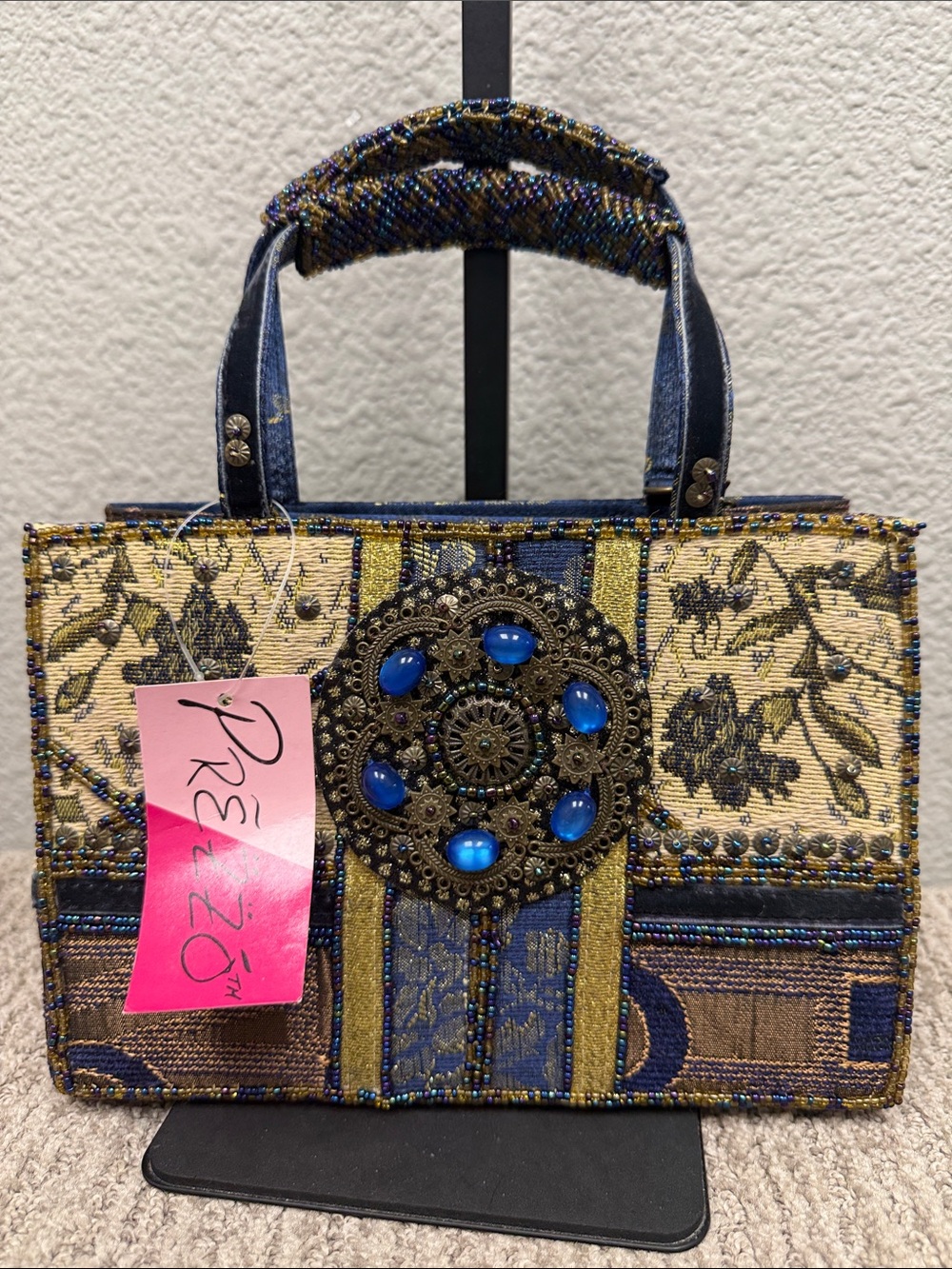 Blue & Gold Embellished Tapestry Satchel